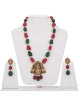 Hand Woven Big Red Green Stones And Ganesha Golden Idol Necklace Set