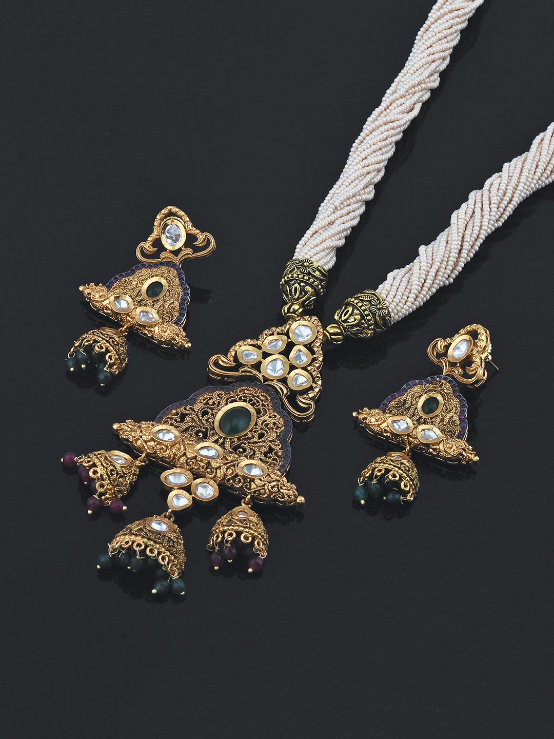 Traditional Kundan and Blue Green Colored Stones With Pearls Necklace Set