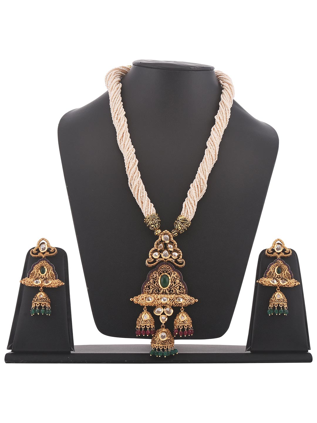 Traditional Kundan and Blue Green Colored Stones With Pearls Necklace Set