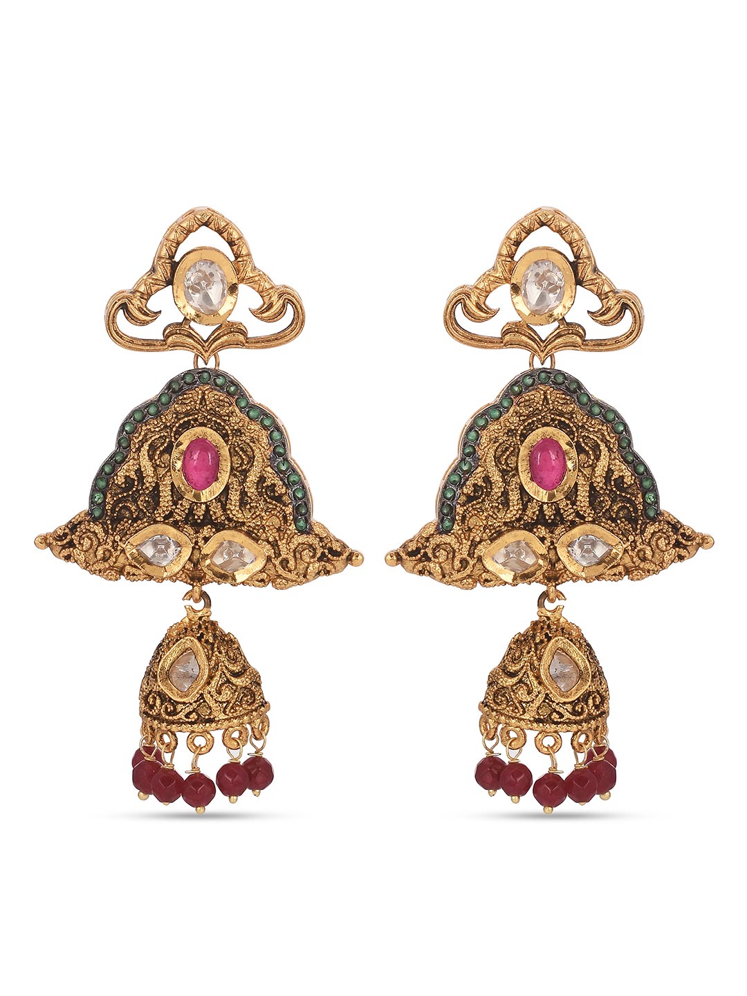 Traditional Kundan and Red Green Colored Stones With Pearls Necklace Set