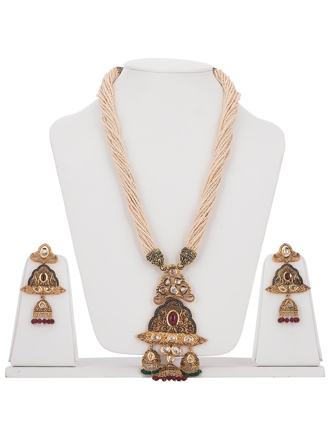 Traditional Kundan and Red Green Colored Stones With Pearls Necklace Set