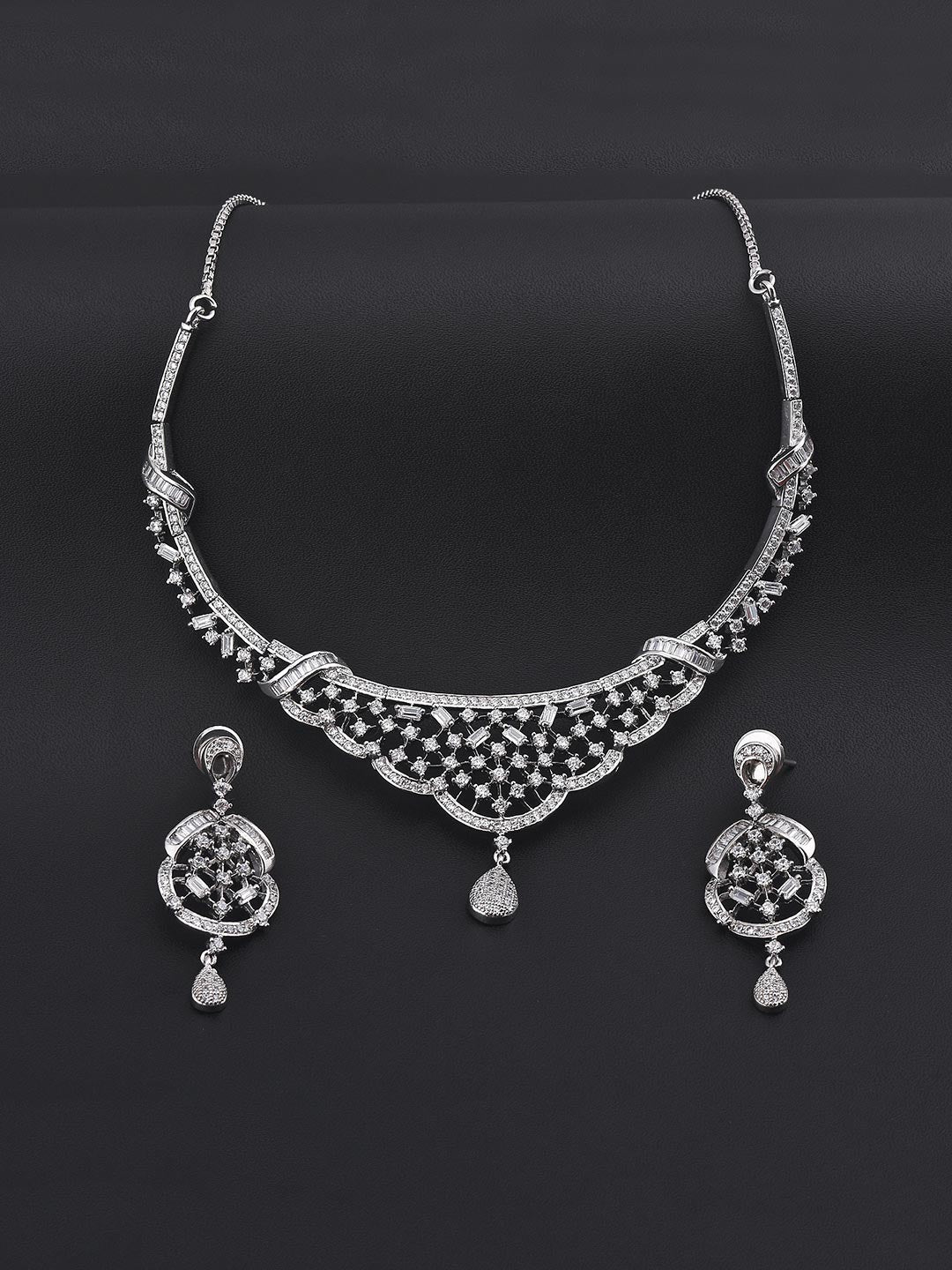 White Rhodium Plated American Diamonds Designer Necklace Set
