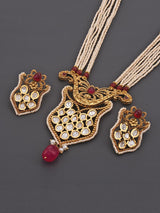 Kundan Stones Golden Emboss Pearls Beaded Necklace Set