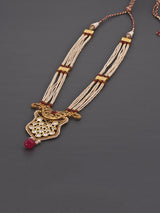 Kundan Stones Golden Emboss Pearls Beaded Necklace Set