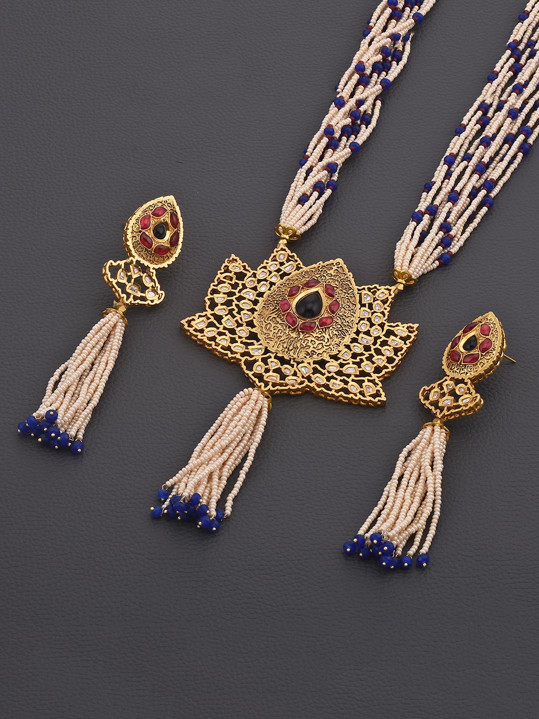 Designer Kundan and Colored Stones Perals Beaded Necklace Set