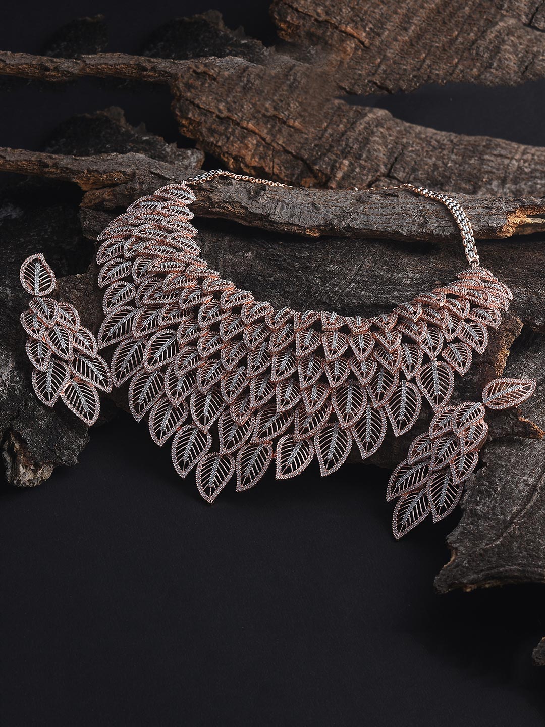 Leafy Heavy Designer Two Tone Rose Plated Necklace Set