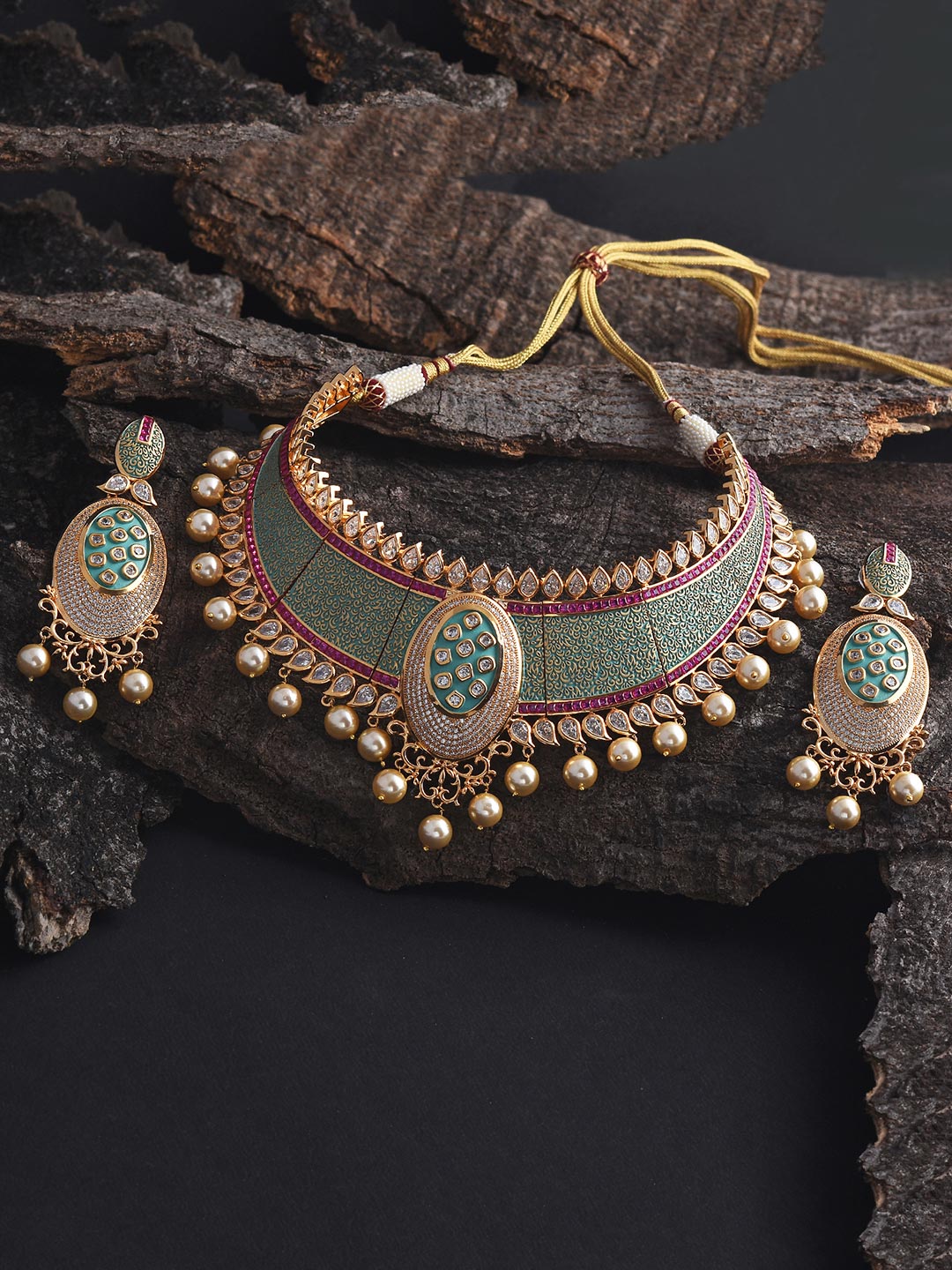 Bridal Green Enamelled Red Colored Stone Necklace Set