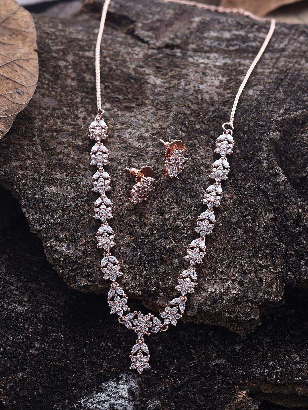 Floral Designer Rose Gold Plated Necklace Set