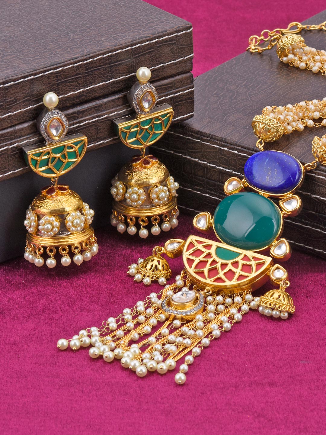 Multi Color Stones and Hand Woven Pearls Necklace Set