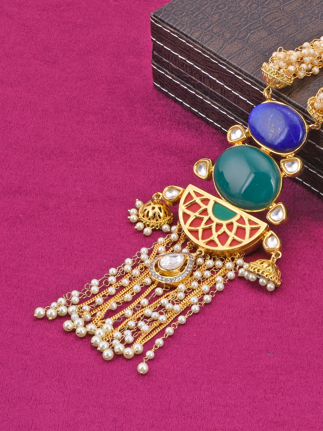 Multi Color Stones and Hand Woven Pearls Necklace Set