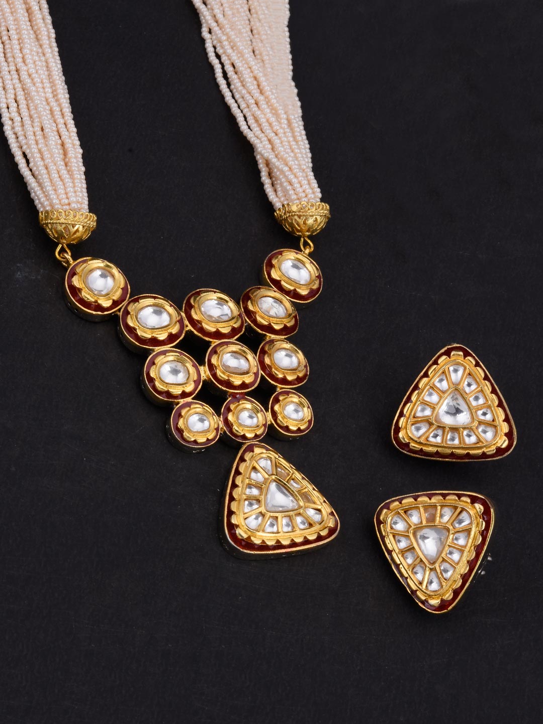 Kundan Polki Pearls Enamel Necklace Set
