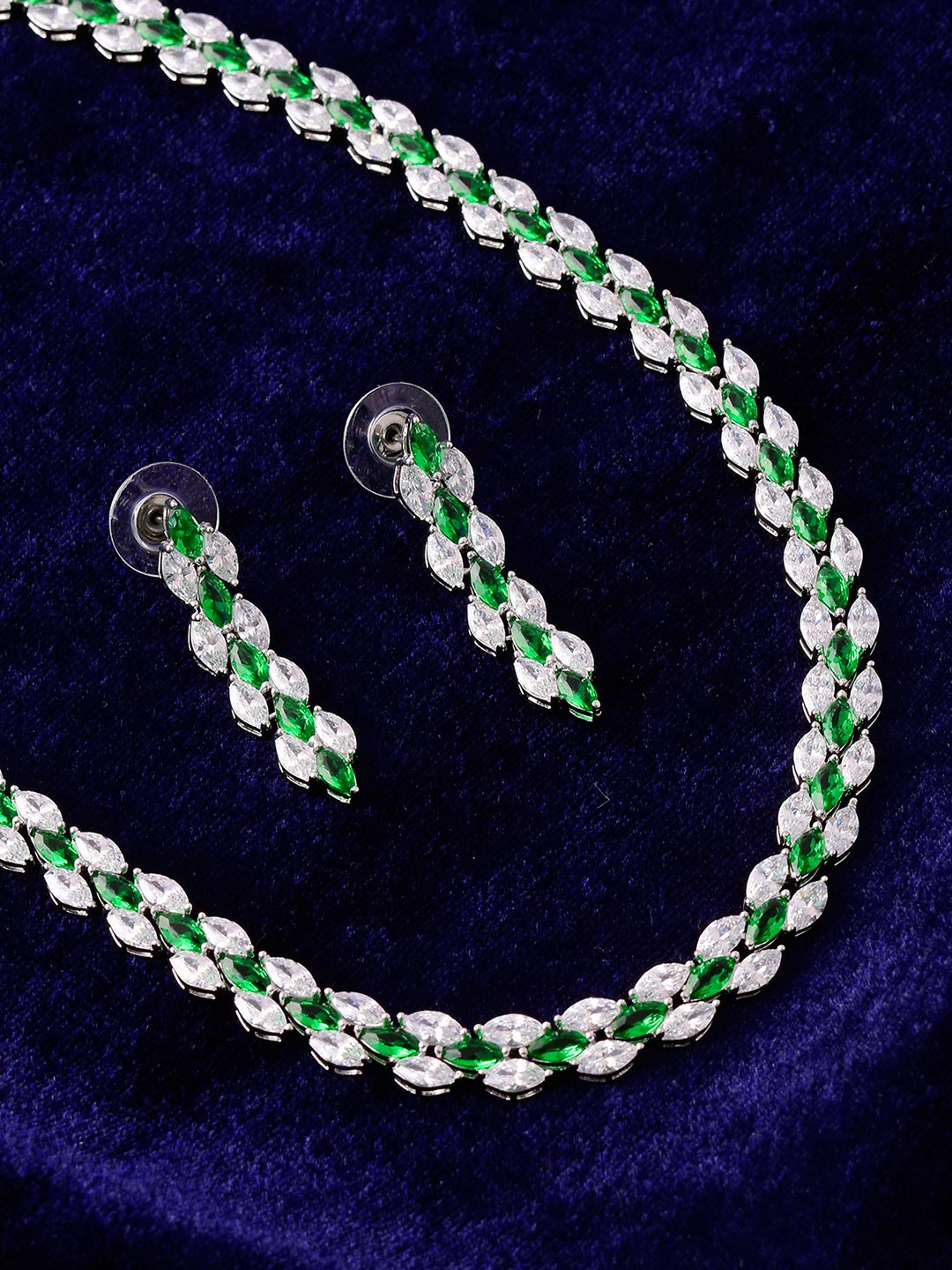 Stylish Designer Sleek Green Stones White Gold Plated Single Line Necklace Set
