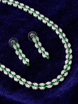 Stylish Designer Sleek Green Stones White Gold Plated Single Line Necklace Set
