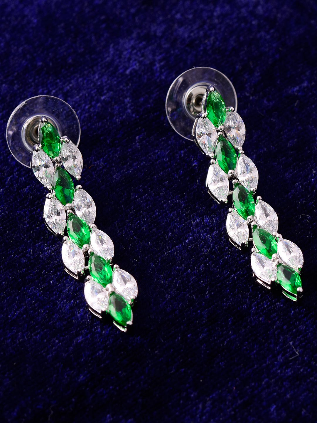 Stylish Designer Sleek Green Stones White Gold Plated Single Line Necklace Set