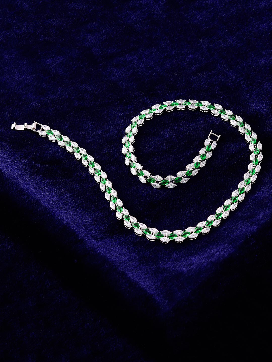 Stylish Designer Sleek Green Stones White Gold Plated Single Line Necklace Set