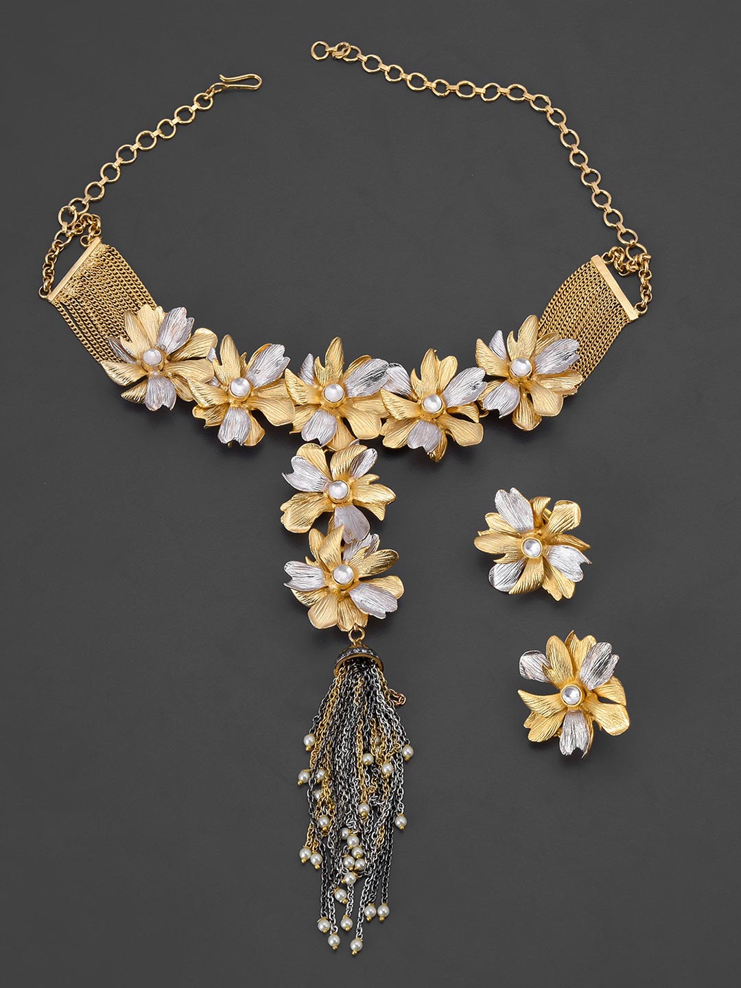 Floral Designer Two Tone Plated Necklace Set
