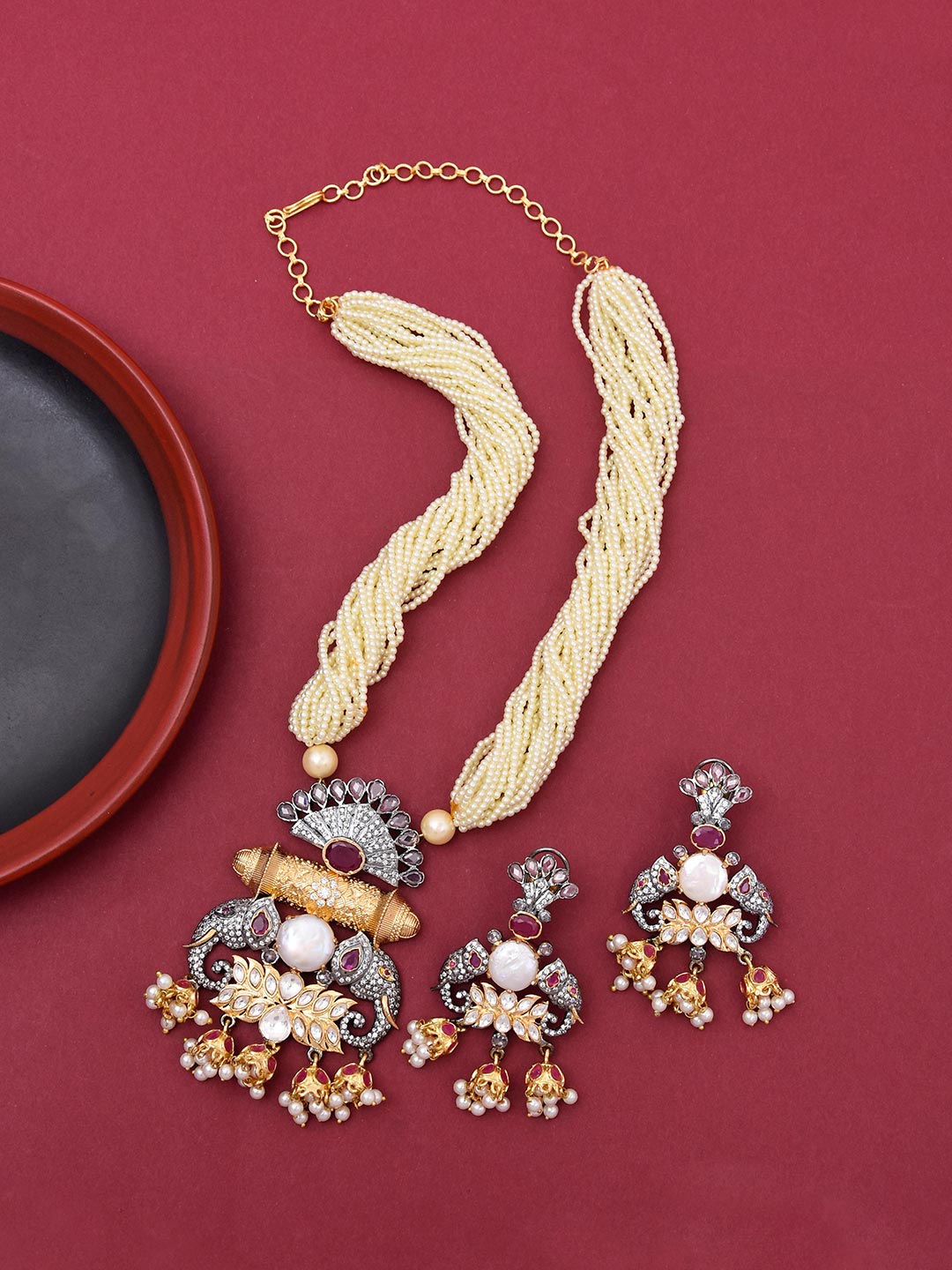 Designer Kundan Polki Pearls Hand Crafted Necklace Set