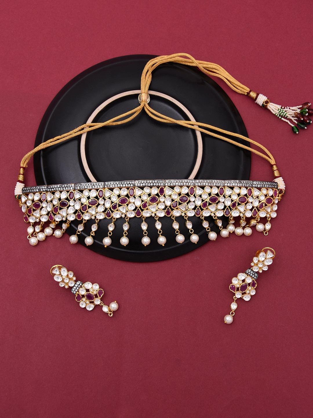 Kundan Polki Colored Stones Pearls Choker Necklace Set