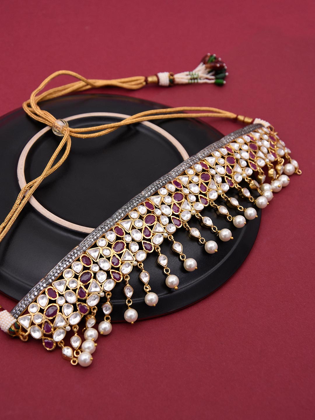 Kundan Polki Colored Stones Pearls Choker Necklace Set
