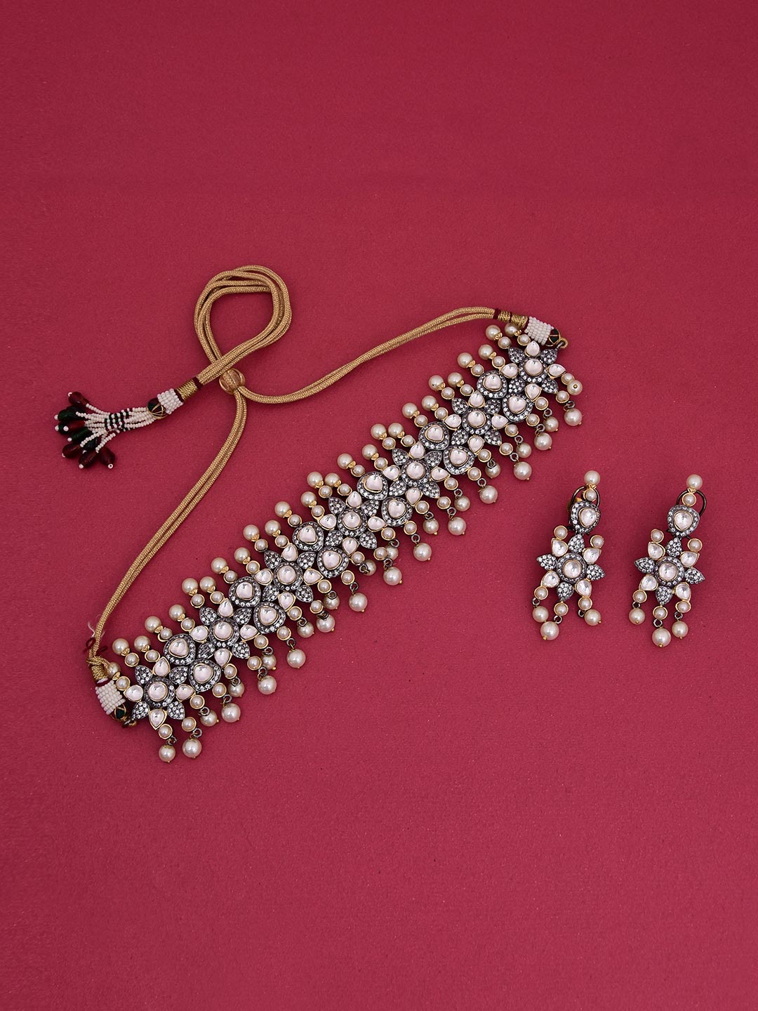 Kundan Polki Colored Stones Pearls Choker Necklace Set