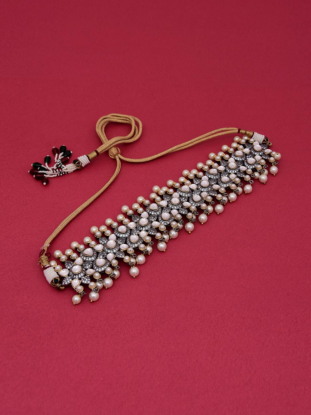 Kundan Polki Colored Stones Pearls Choker Necklace Set