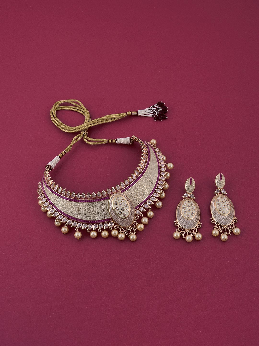 Bridal Ivory White Enamelled Red Colored Stone Necklace Set