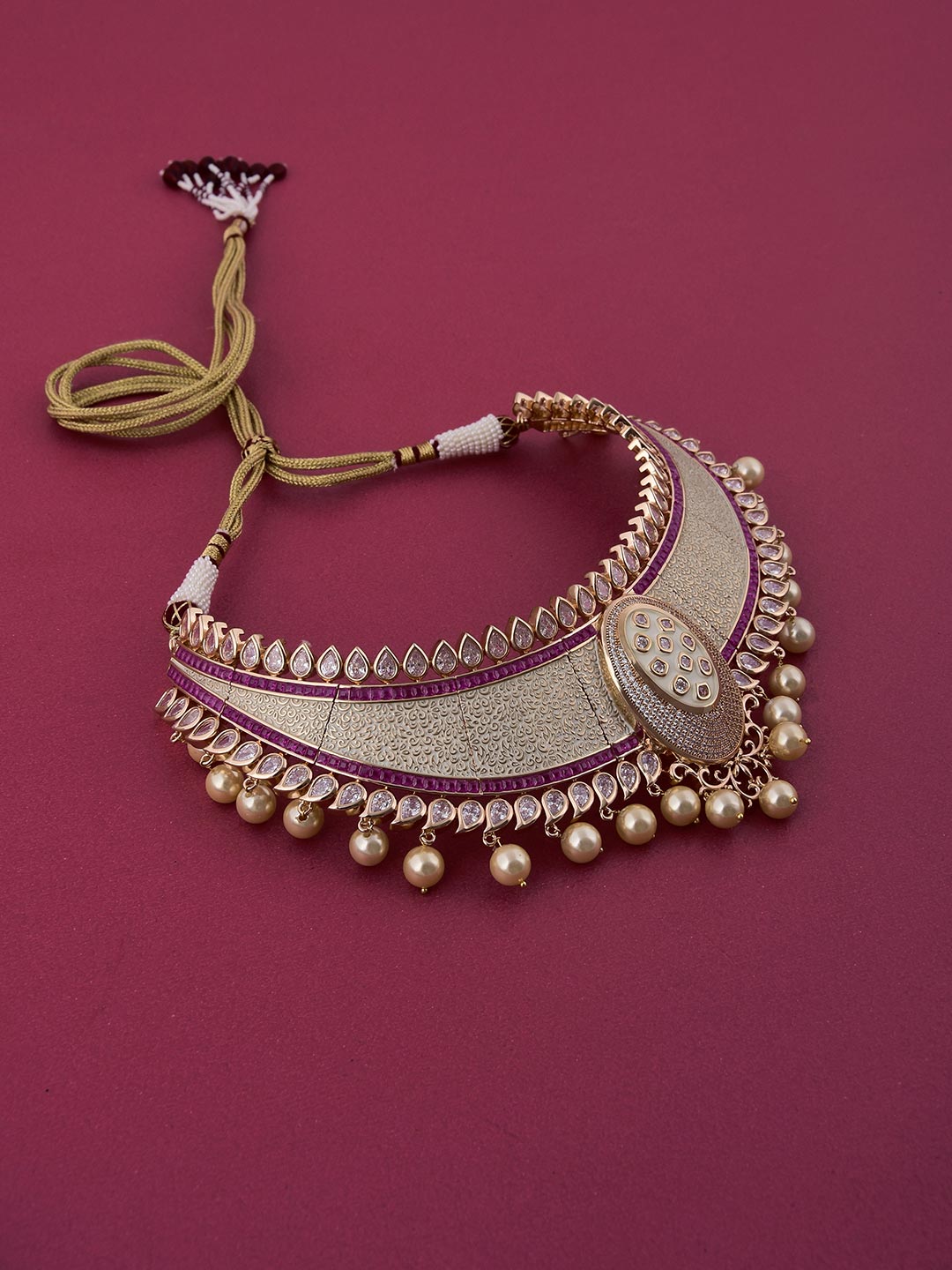 Bridal Ivory White Enamelled Red Colored Stone Necklace Set