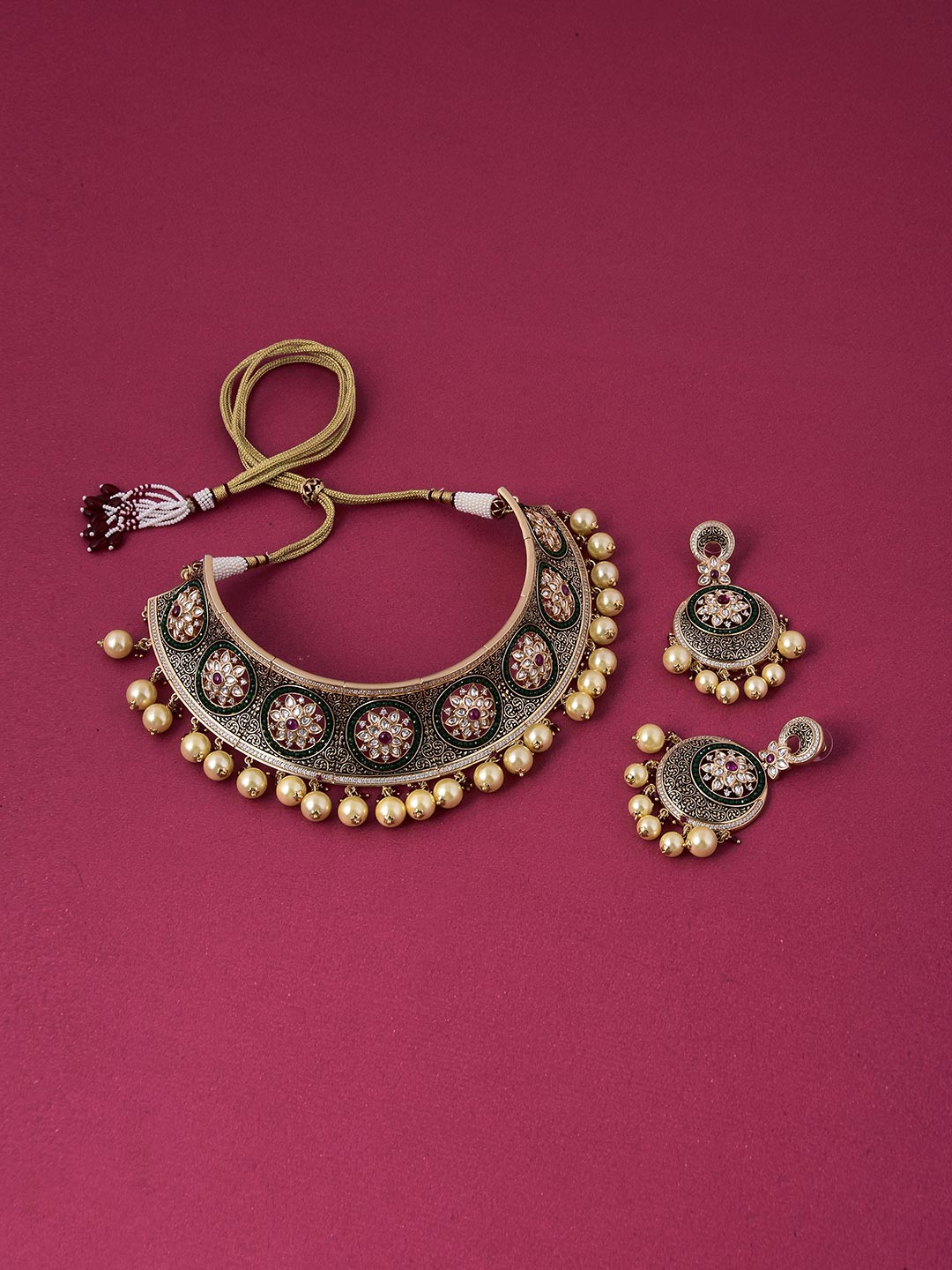 Floral Enamelled Pearls Choker Necklace Set