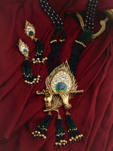 Lord Krishna Symbolic Blue and Green Stones Necklace Set