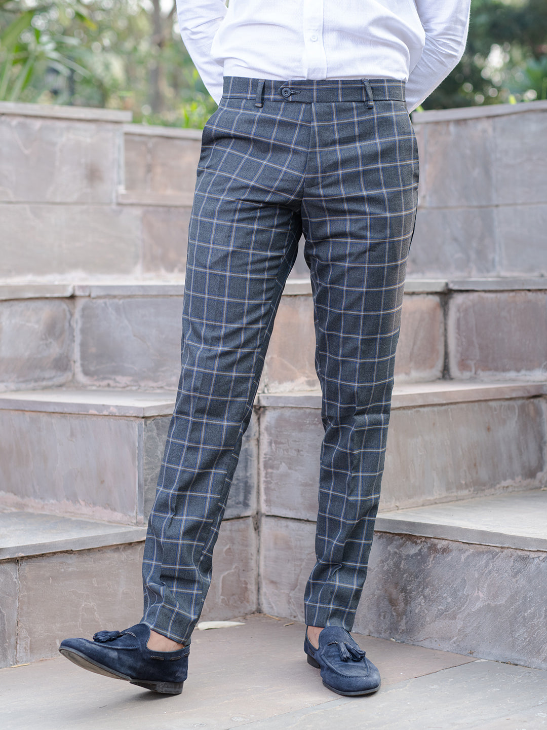 Grey Multi Checks Comfort Fit Cotton Men's Pant