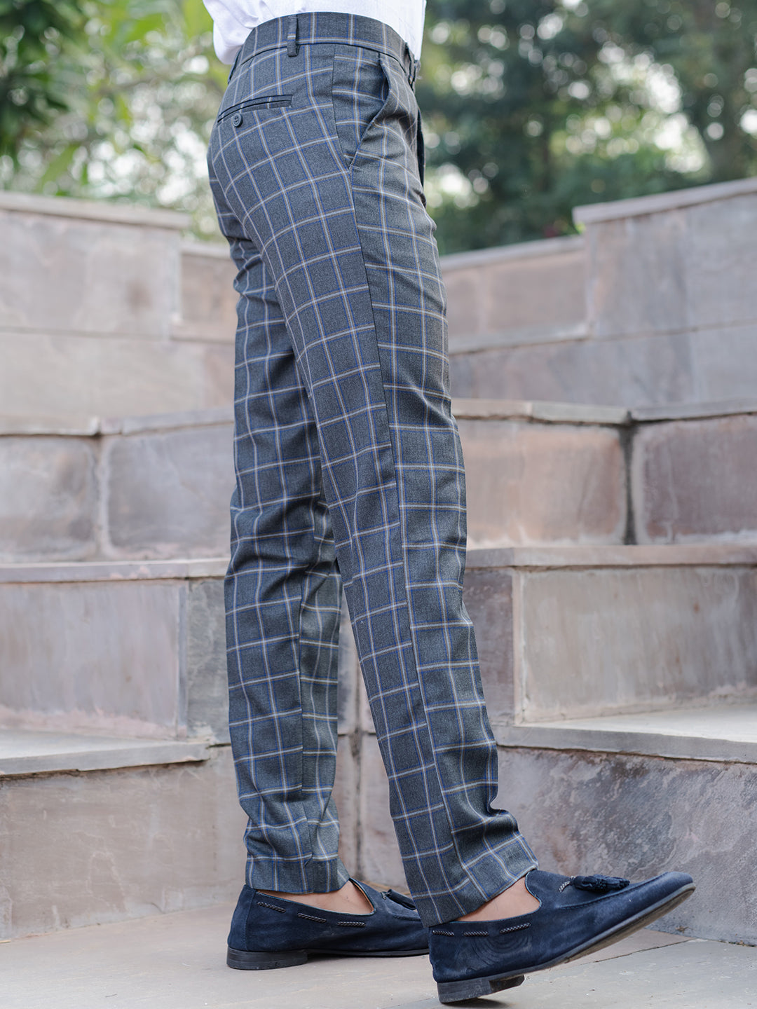 Grey Multi Checks Comfort Fit Cotton Men's Pant