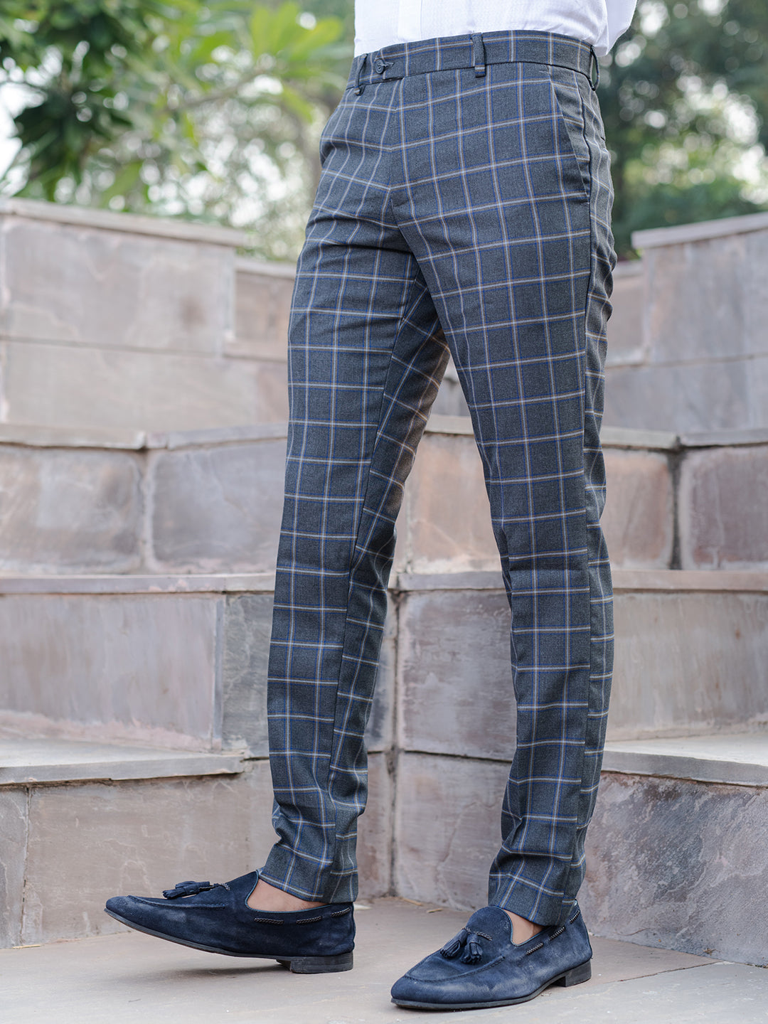 Grey Multi Checks Comfort Fit Cotton Men's Pant