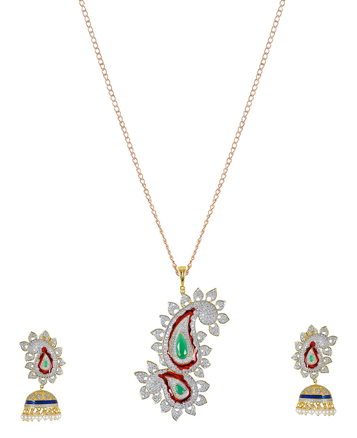 Traditional Enamelled International Diamonds Designer Pendant Set