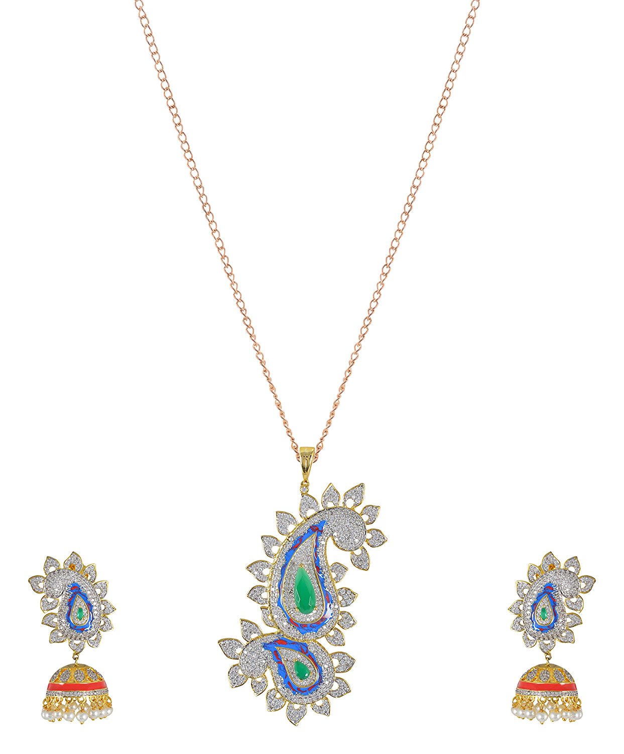 Traditional Enamelled International Diamonds Designer Pendant Set