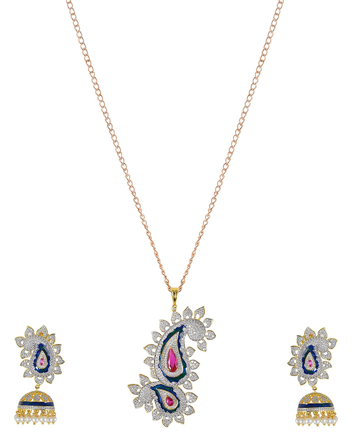 Traditional Enamelled International Diamonds Designer Pendant Set