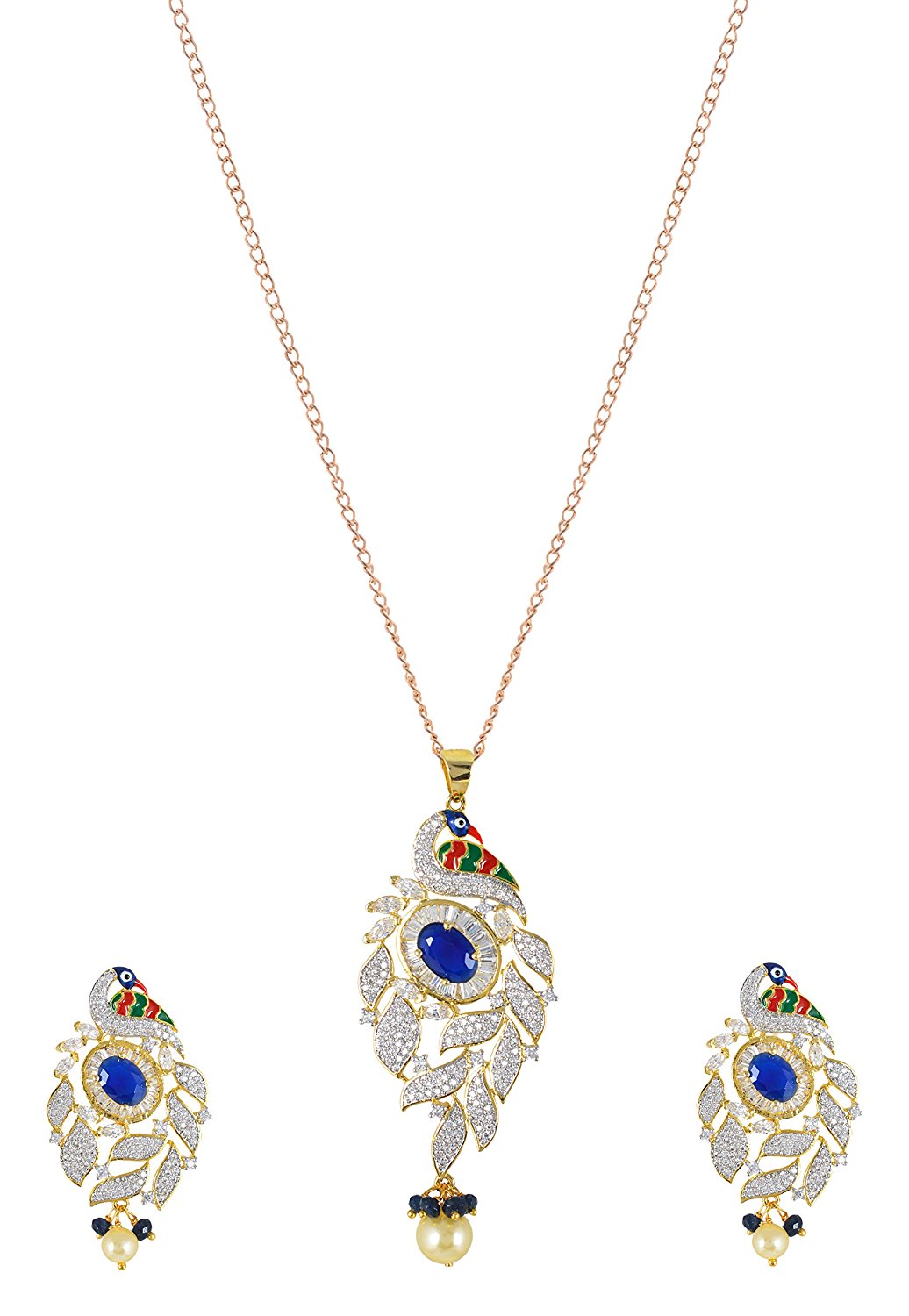 Peacock Enamelled International Diamonds Designer Pendant Set