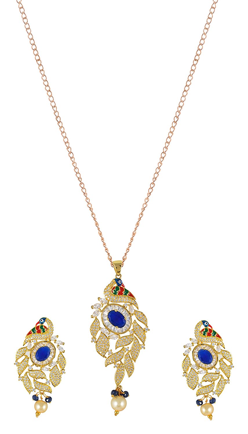 Peacock Enamelled International Diamonds Designer Pendant Set