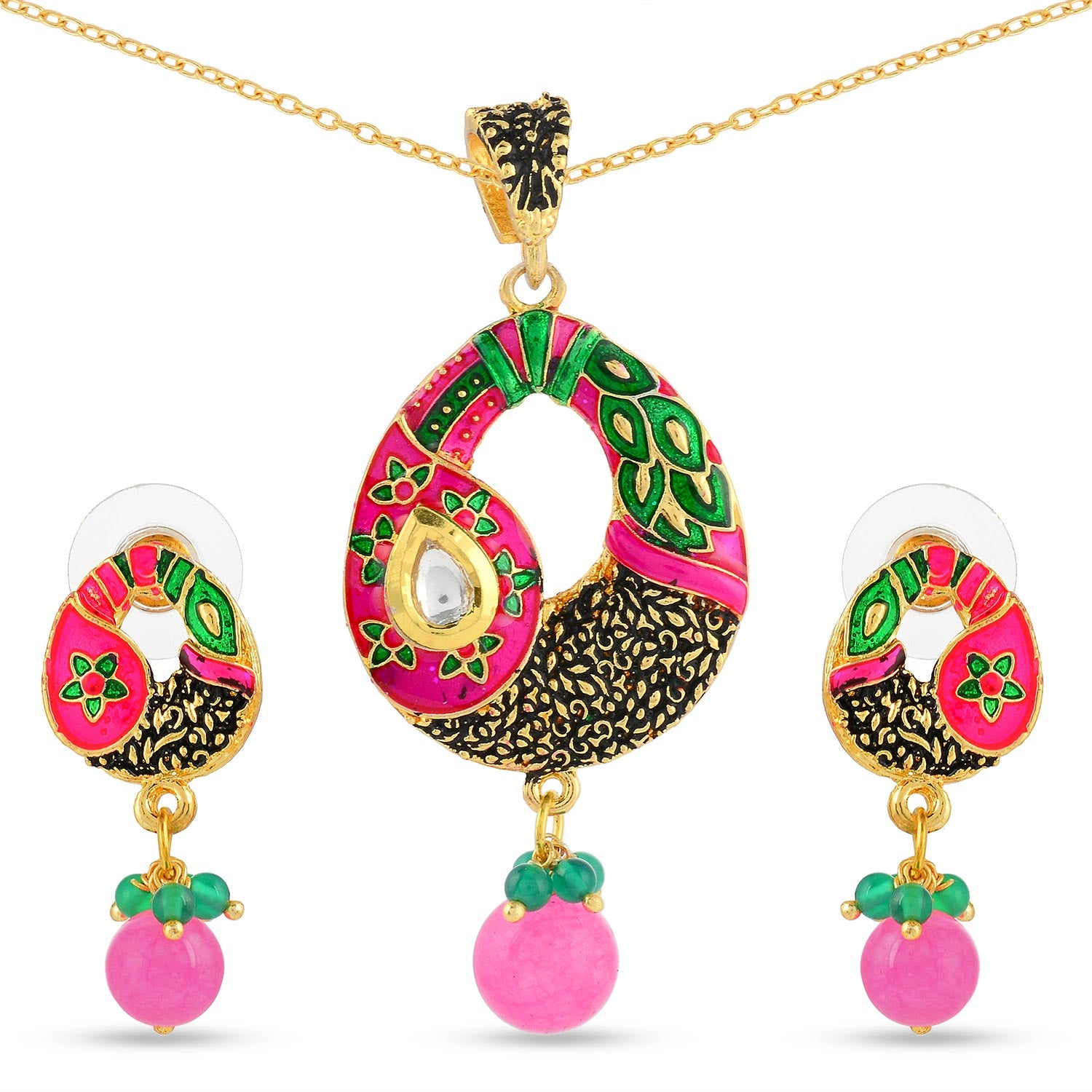 Floral Enamelled Traditional Pendant Set
