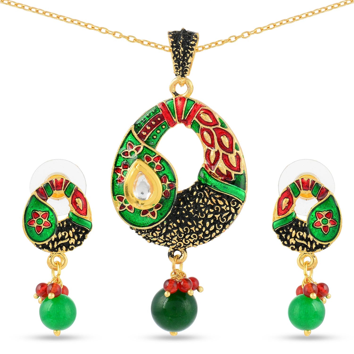 Floral Enamelled Traditional Pendant Set