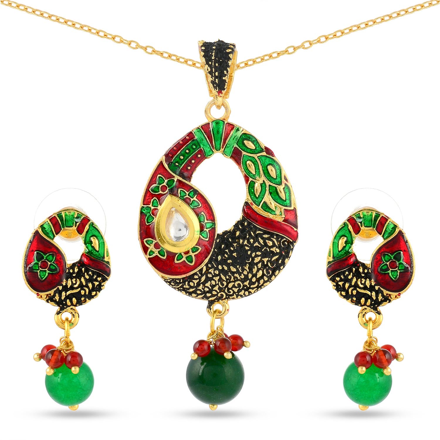 Floral Enamelled Traditional Pendant Set
