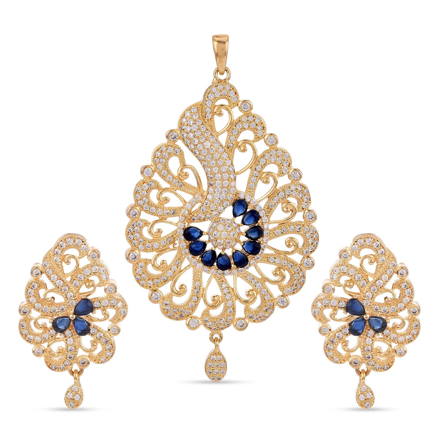 Traditional Gold Plated Colored Stones and Diamonds Pendant Set
