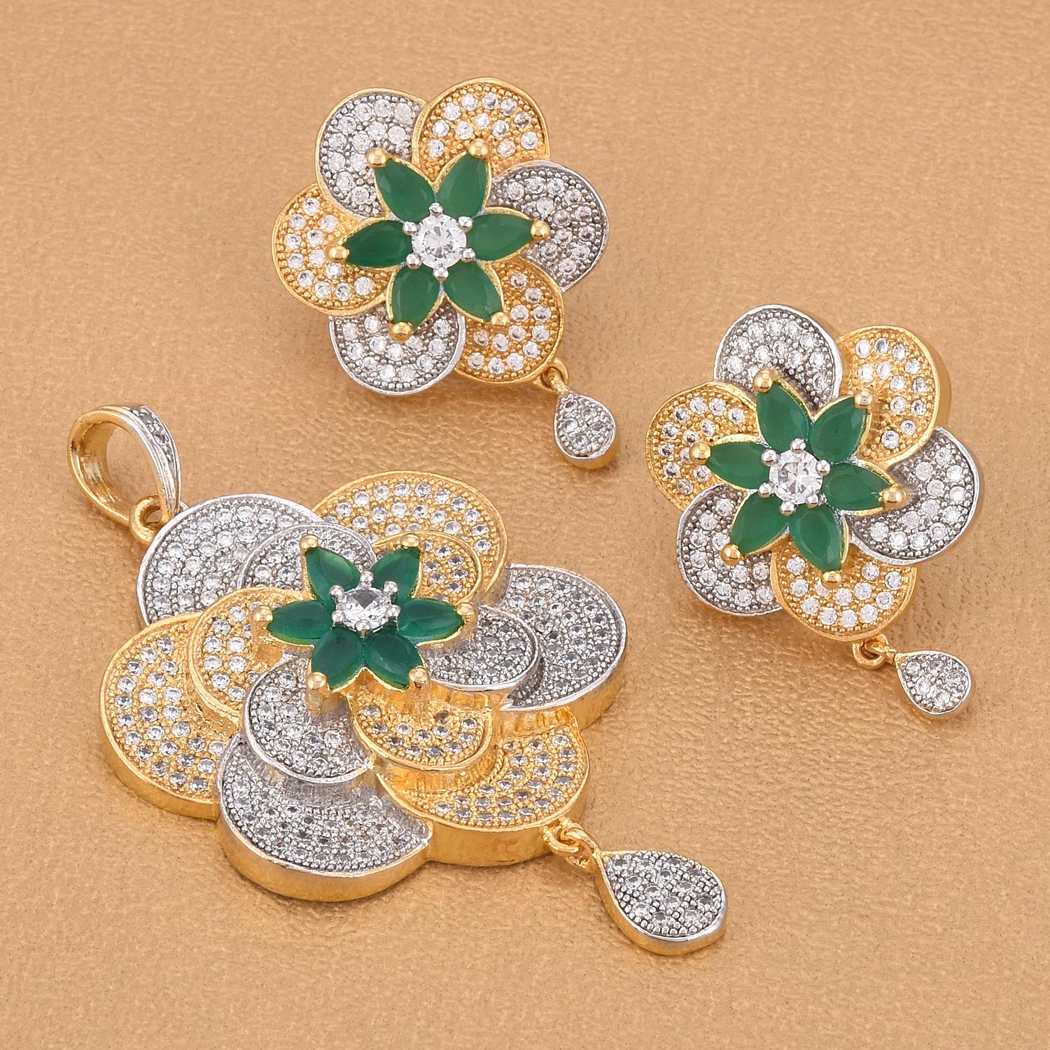 American Diamonds Floral Two Tone Plated Pendant Set