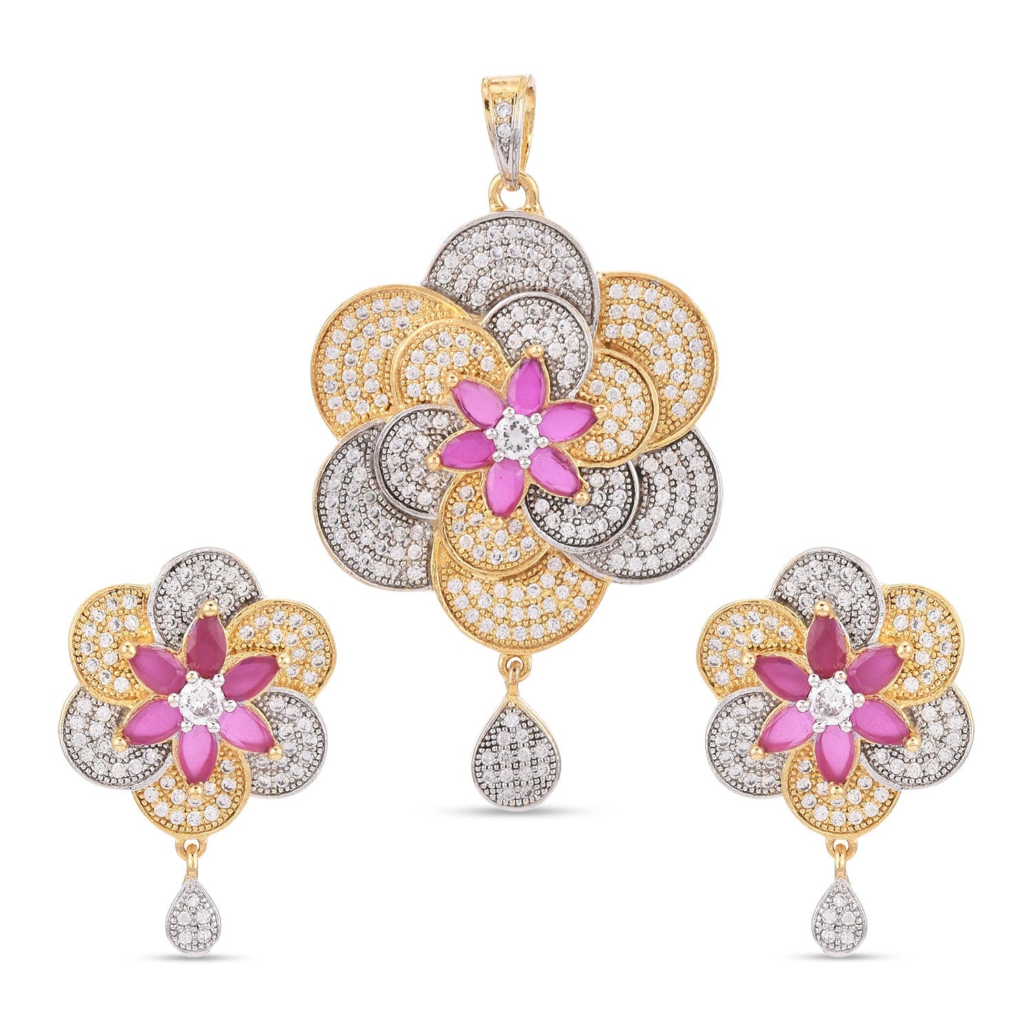 American Diamonds Floral Two Tone Plated Pendant Set