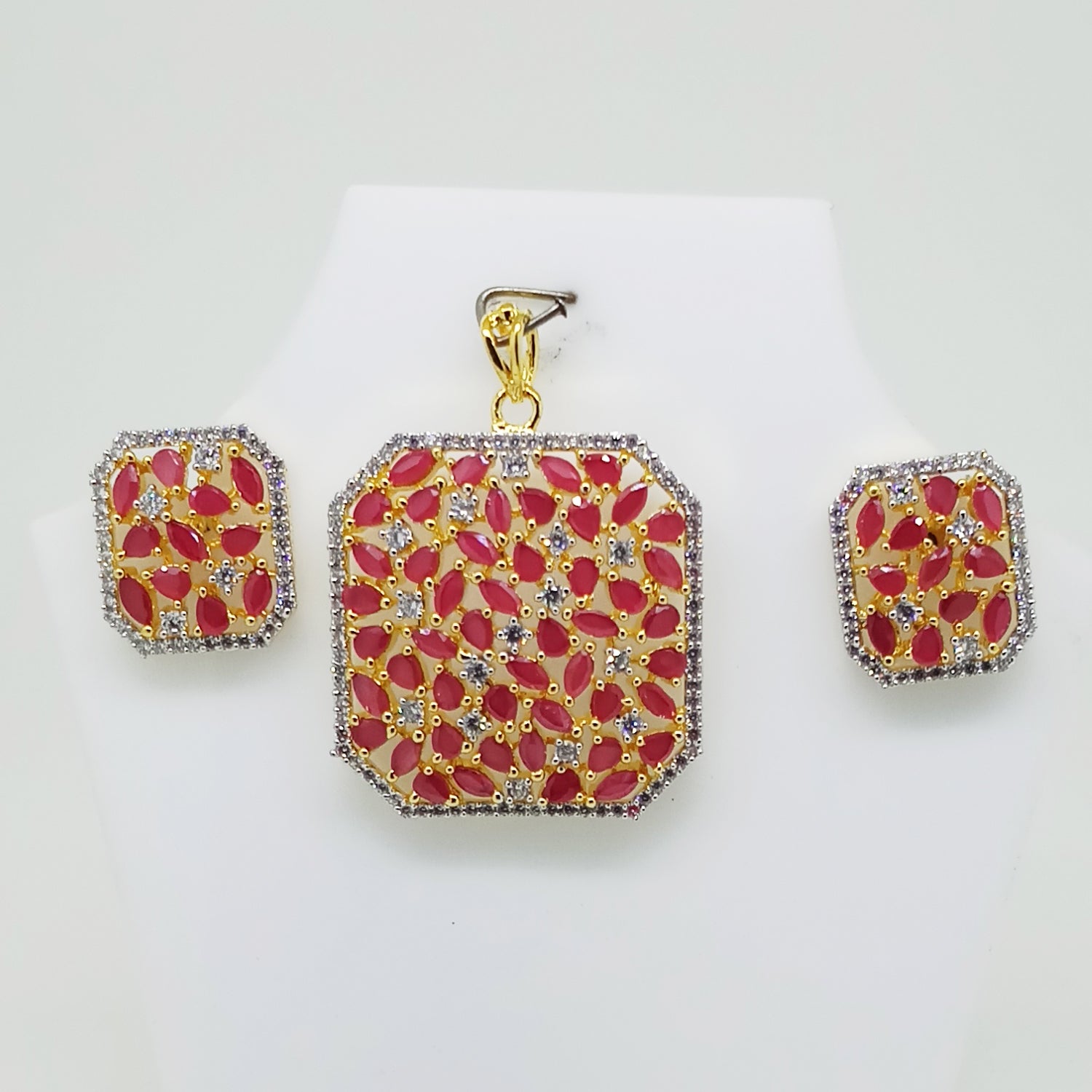 Squarish Designer Red Stones Two Tone Plated Pendant Set