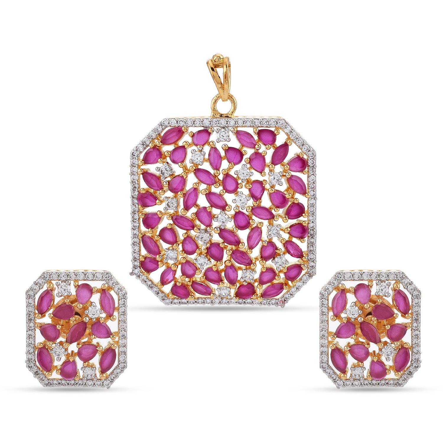 Squarish Designer Red Stones Two Tone Plated Pendant Set