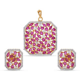 Squarish Designer Red Stones Two Tone Plated Pendant Set