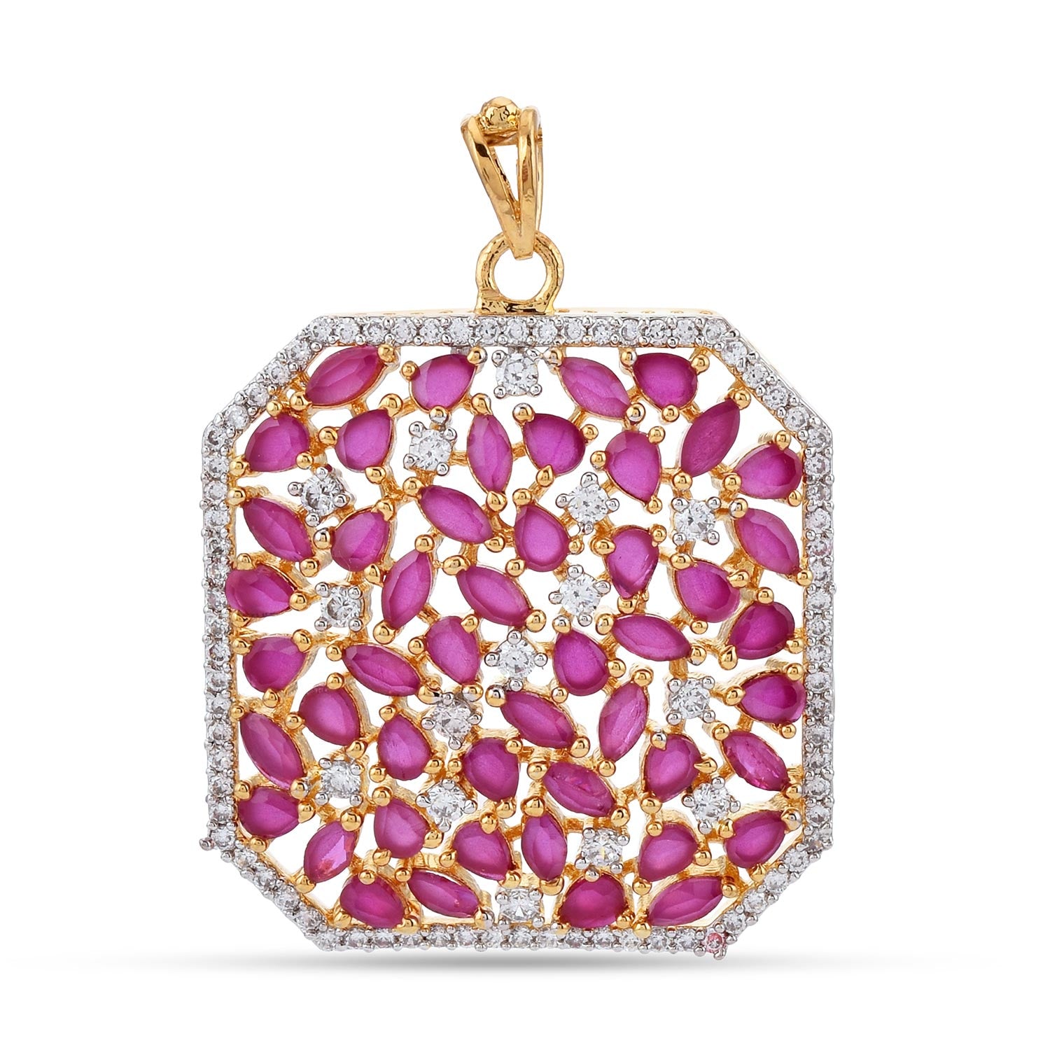 Squarish Designer Red Stones Two Tone Plated Pendant Set