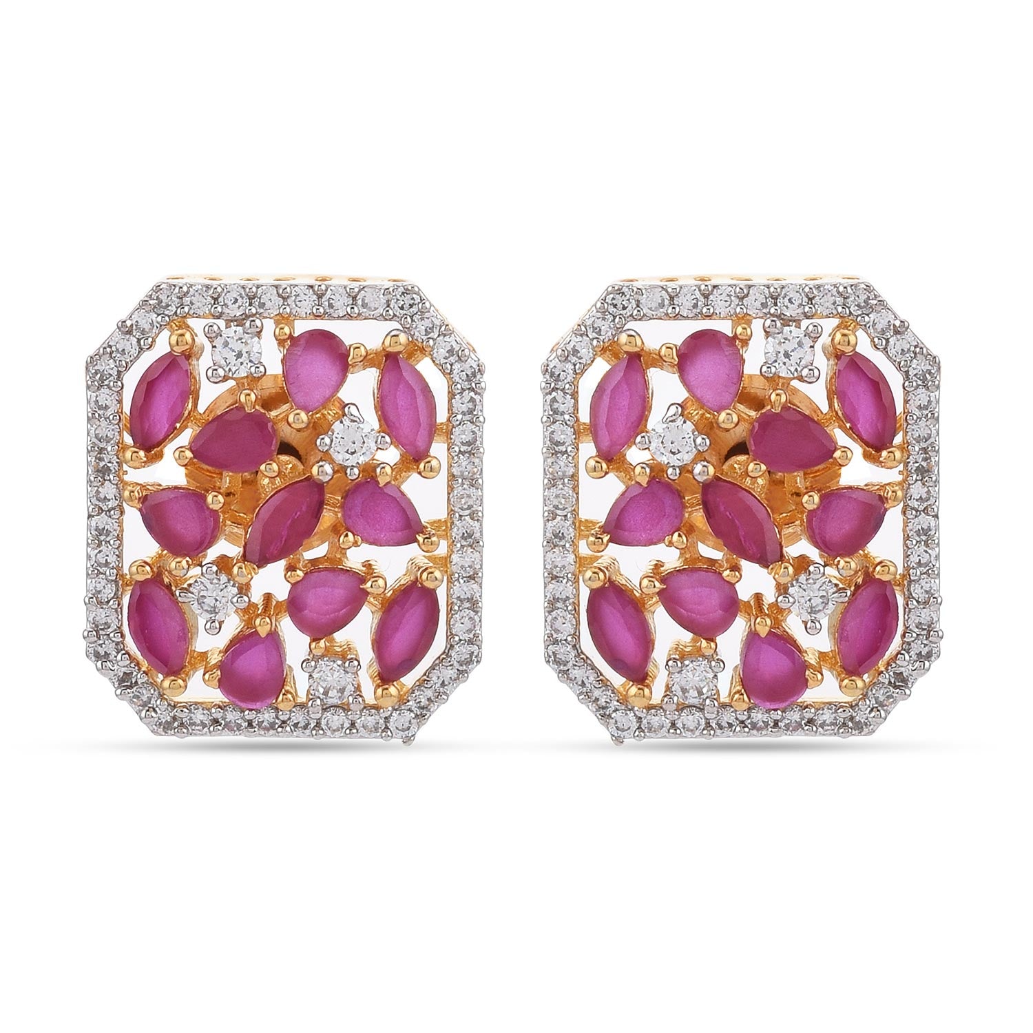 Squarish Designer Red Stones Two Tone Plated Pendant Set