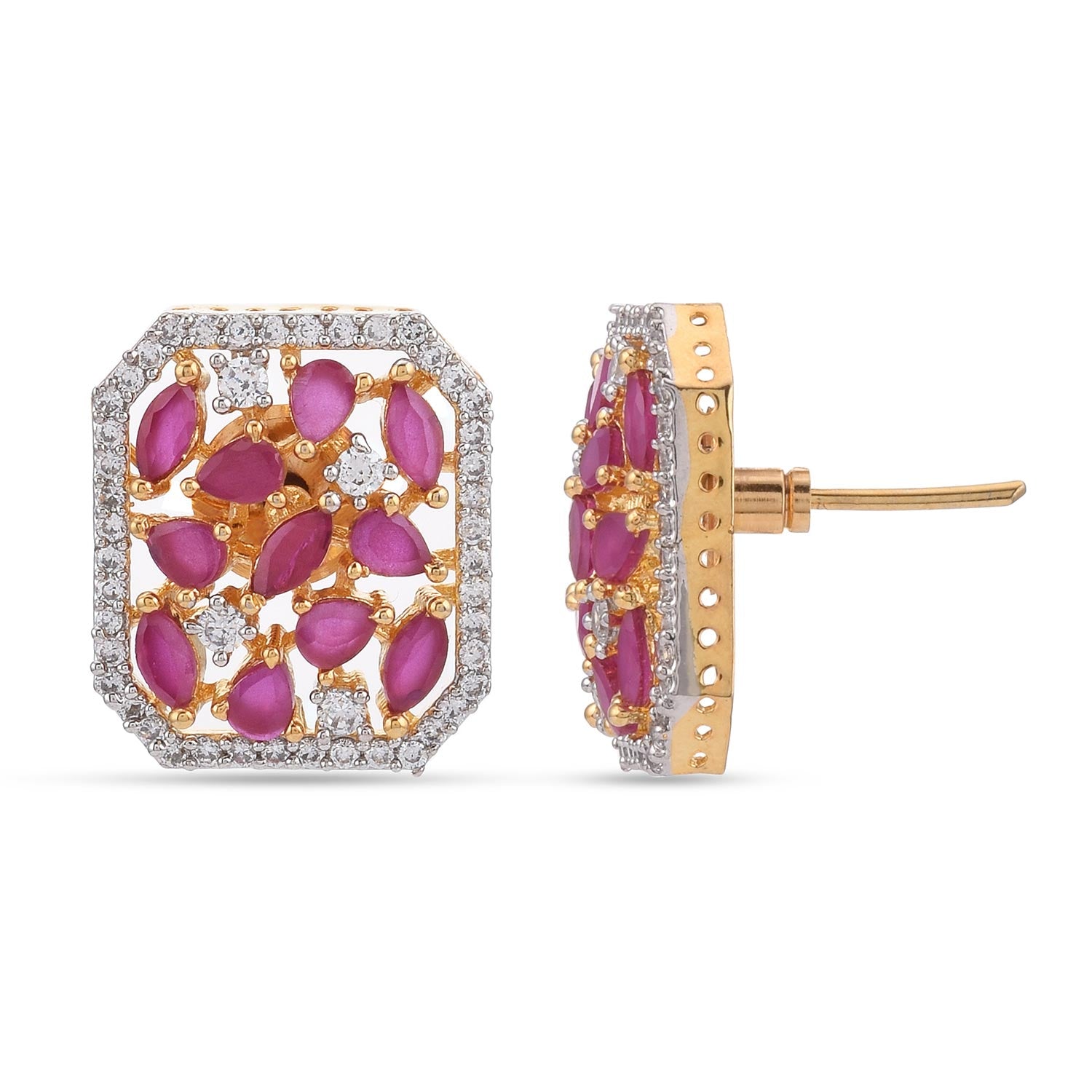 Squarish Designer Red Stones Two Tone Plated Pendant Set