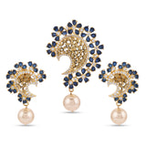 Blue Stones Floral Design Antique Pendant Set With Pearl Drops
